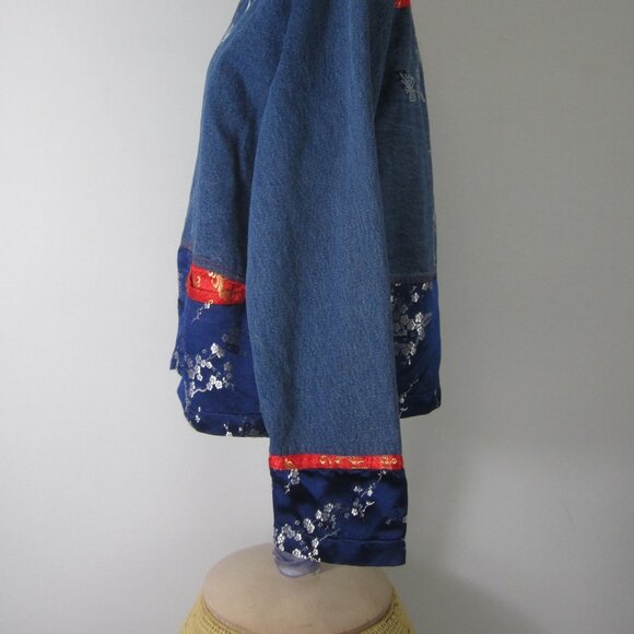 Vtg Chicos 1 Women M Blue Denim Jacket Red Gold Floral Embroidered Pewter Button - Picture 9 of 12